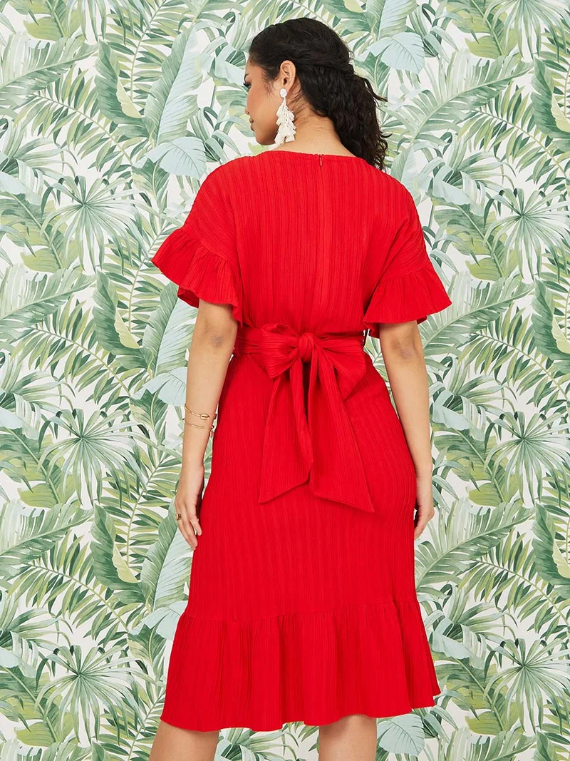 Styli Boat Neck Frill Detail A-Line Midi Dress with Self Tie Belt