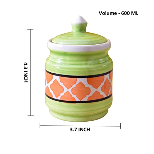 Kunhar Ceramic Jars Set of 2 (600ML Each) – Handcrafted Multipurpose Barni with Lid for Pickle, Chutney, Spices, Salt, Sugar – Kitchen Storage Containers, Green Orange - Image 2