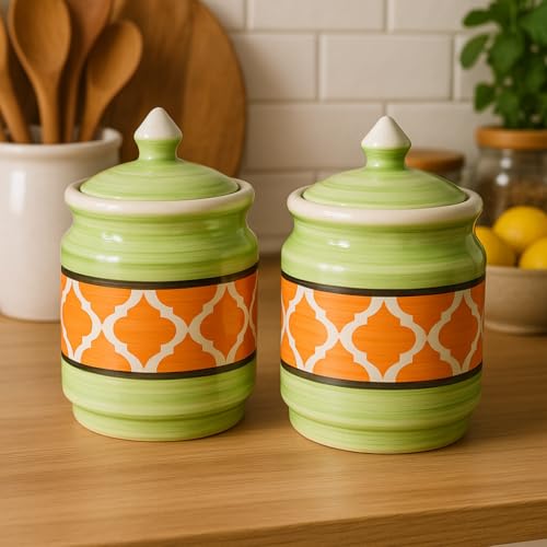 Kunhar Ceramic Jars Set of 2 (600ML Each) – Handcrafted Multipurpose Barni with Lid for Pickle, Chutney, Spices, Salt, Sugar – Kitchen Storage Containers, Green Orange - Image 1