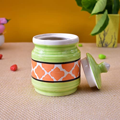 Kunhar Ceramic Jars Set of 2 (600ML Each) – Handcrafted Multipurpose Barni with Lid for Pickle, Chutney, Spices, Salt, Sugar – Kitchen Storage Containers, Green Orange - Image 4
