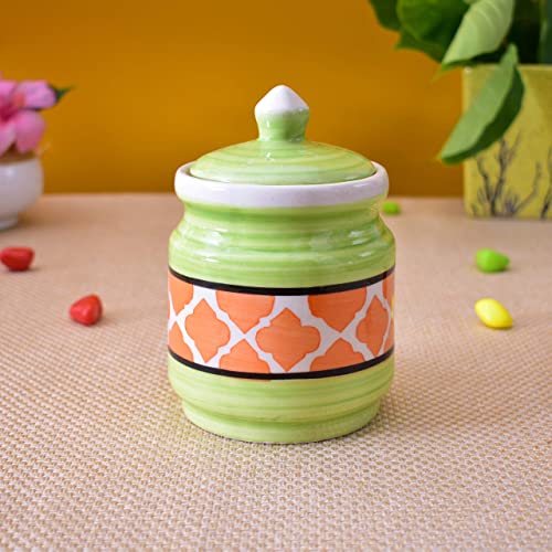 Kunhar Ceramic Jars Set of 2 (600ML Each) – Handcrafted Multipurpose Barni with Lid for Pickle, Chutney, Spices, Salt, Sugar – Kitchen Storage Containers, Green Orange - Image 3