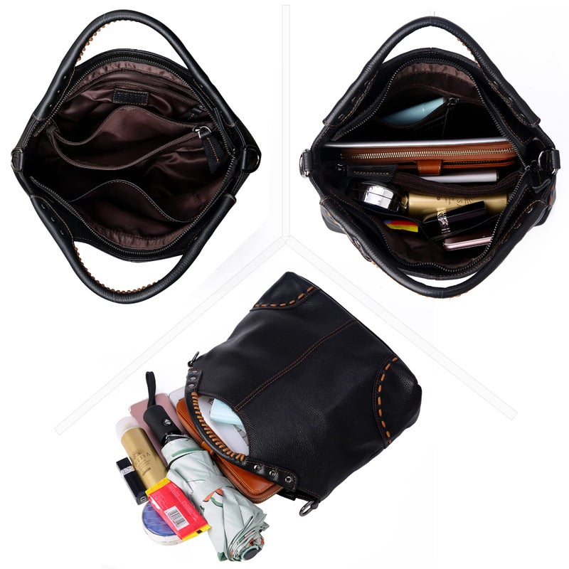 HESHE Leather Handbags and Purses for Women Retro Satchel Bags Ladies Shoulder Hobo Crossbody Bag Satchel Bags Tote Bag (Black) - Image 5