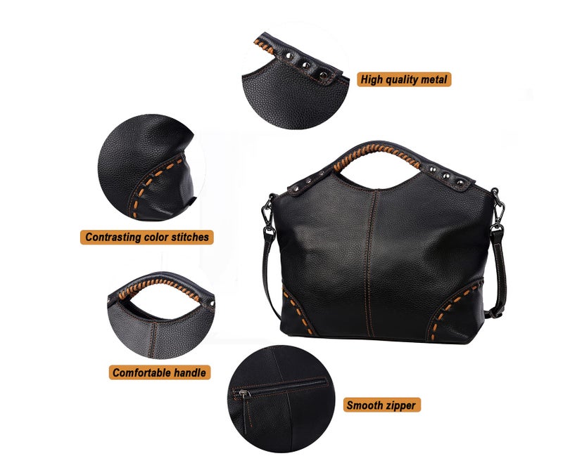 HESHE Leather Handbags and Purses for Women Retro Satchel Bags Ladies Shoulder Hobo Crossbody Bag Satchel Bags Tote Bag (Black) - Image 4