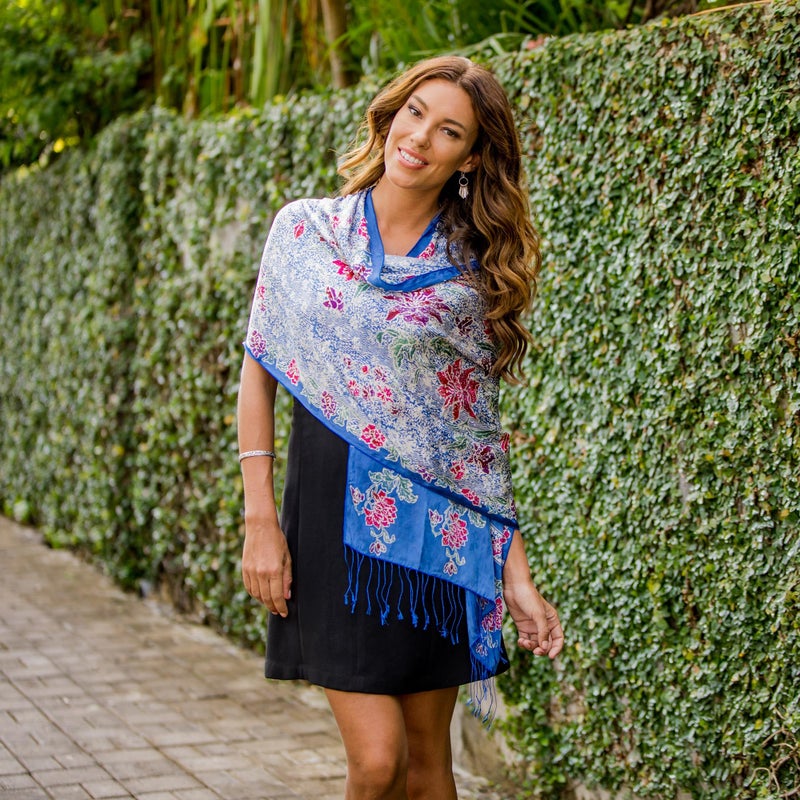 NOVICA Artisan handmade silk batik shawl blue accessories shawls multicolor patterned indonesia floral ' sapphire mums' - Image 2