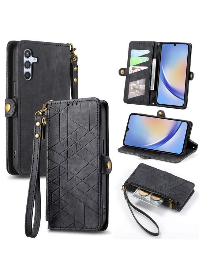 S-TOP Case For Samsung Galaxy A22 4G Geometric Zipper Wallet Side Buckle Leather Phone Case - Image 1