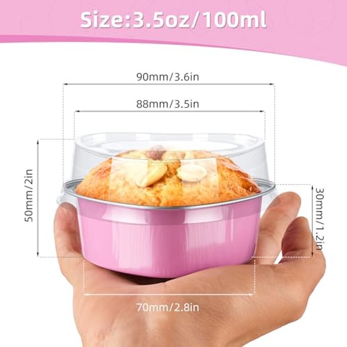 STN Mini Heart Shaped Cake Pans 100 ml/ 3.4 Ounces Heart Aluminum Foil Cupcake Pans 50pcs Valentine's Day Baking Cups With Lids Spoon for Valentine Mother's Day Birthday Wedding (Pink) - Image 2