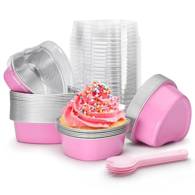 STN Mini Heart Shaped Cake Pans 100 ml/ 3.4 Ounces Heart Aluminum Foil Cupcake Pans 50pcs Valentine's Day Baking Cups With Lids Spoon for Valentine Mother's Day Birthday Wedding (Pink) - Image 4