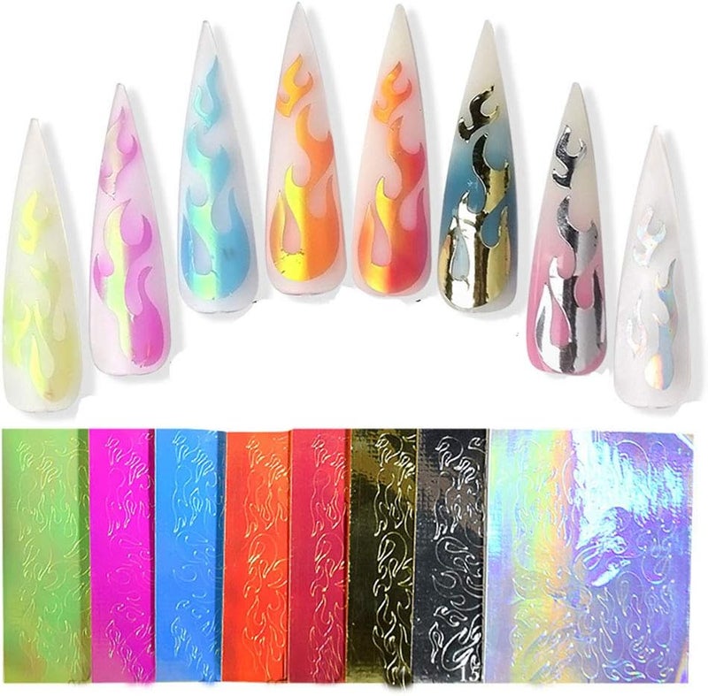 Yeslady Nail Art 3D Holographic Fire Flame Stickers DIY Adhesive Laser Manicure Decals Stripe Tape 16PCS