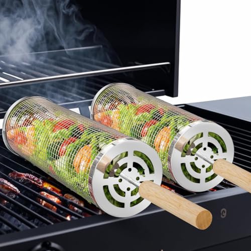 BCHWAY Nesting Grill Baskets 2 PCS 304 Stainless Steel with Removable Wooden Handle Rolling Grilling Net BBQ Accessories Tools for Vegetables Shrimp Outdoor Camping Gifts for Men Dad and Husband - Image 1