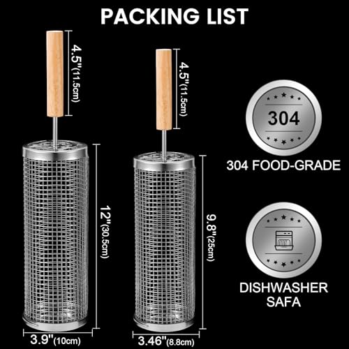 BCHWAY Nesting Grill Baskets 2 PCS 304 Stainless Steel with Removable Wooden Handle Rolling Grilling Net BBQ Accessories Tools for Vegetables Shrimp Outdoor Camping Gifts for Men Dad and Husband - Image 3