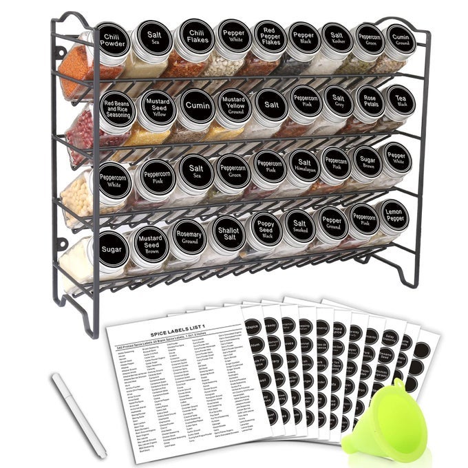 SPICE RACK ORGANIZER WITH 36 EMPTY SQUARE SPICE JARS 396 SPICE LABELS WITH CHALK MARKER AND FUNNEL COMPLETE SET FOR COUNTERTOP CABINET OR WALL MOUNT BLACK