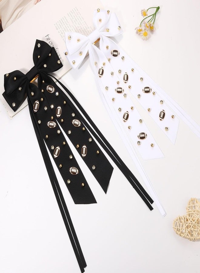 YAHPERN 2PCS Football Hair Bows Game Day Accessories Outfits for Women Football Game Day Hair Bow Clips Large White Black Silky Satin Hair Ribbons Barrettes Football Mom Team Spirit Accessories Gifts - Image 3