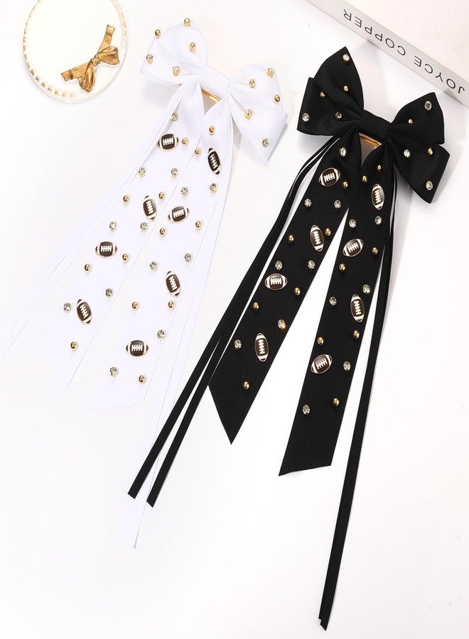 YAHPERN 2PCS Football Hair Bows Game Day Accessories Outfits for Women Football Game Day Hair Bow Clips Large White Black Silky Satin Hair Ribbons Barrettes Football Mom Team Spirit Accessories Gifts - Image 2
