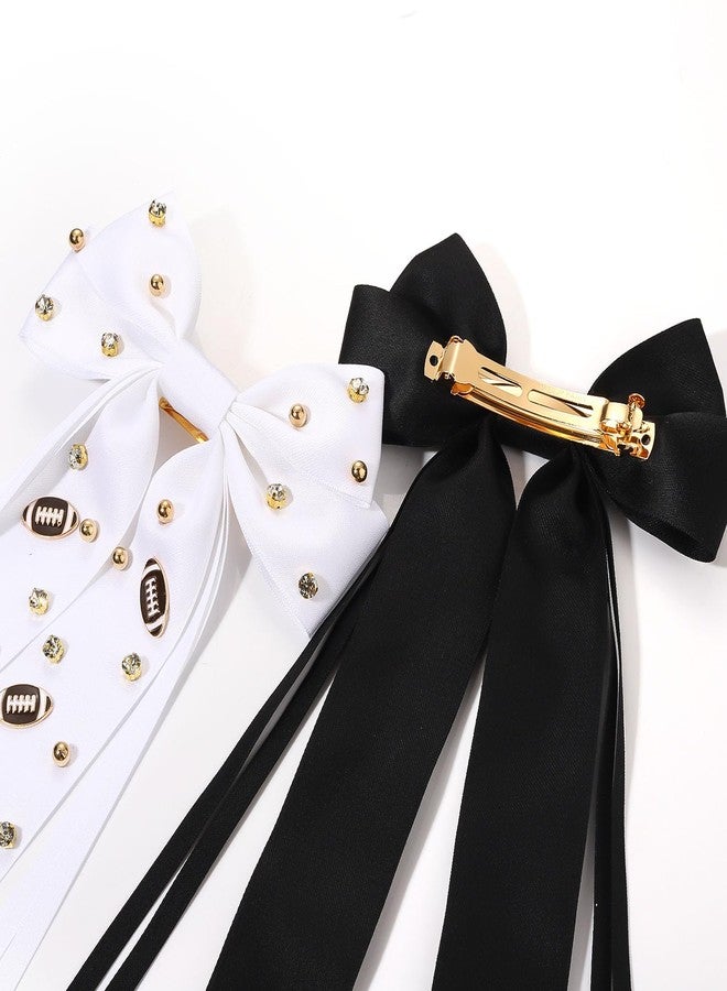 YAHPERN 2PCS Football Hair Bows Game Day Accessories Outfits for Women Football Game Day Hair Bow Clips Large White Black Silky Satin Hair Ribbons Barrettes Football Mom Team Spirit Accessories Gifts - Image 4