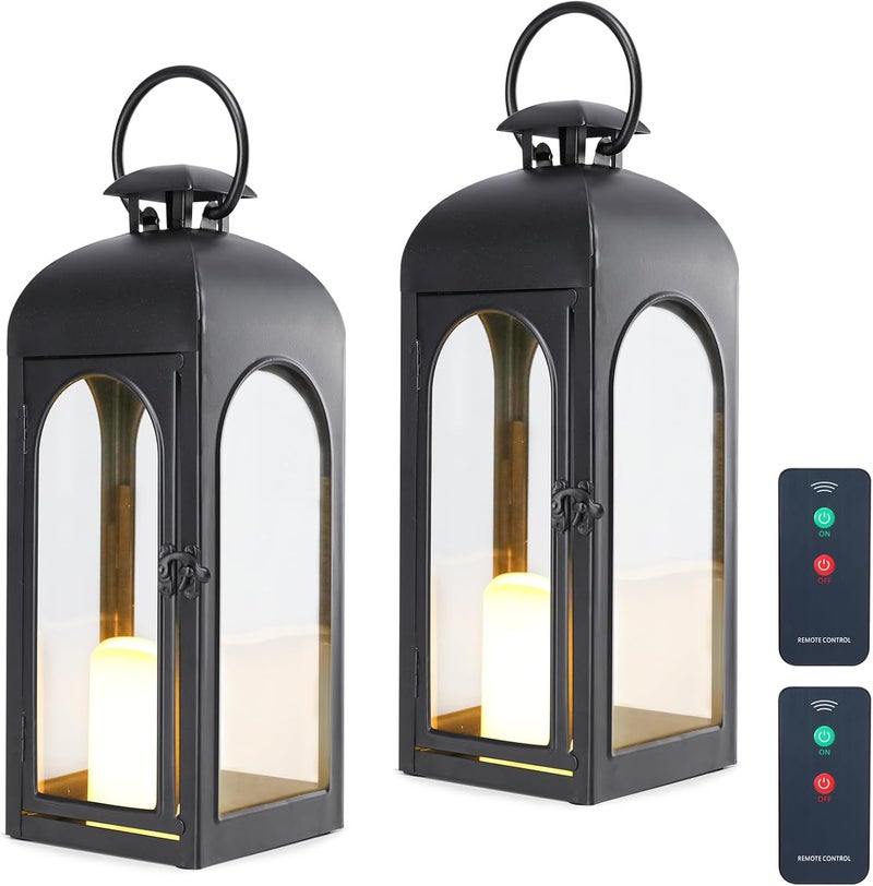 Bdor 2 Pack 16 Inches Metal and Tempered Glass Decorative Lantern with Electronic Wax Effect - Indoor/Outdoor Decorative Lighting, Handcrafted Aesthetic, Perfect for Home, Parties, and Holiday Decor - Image 1