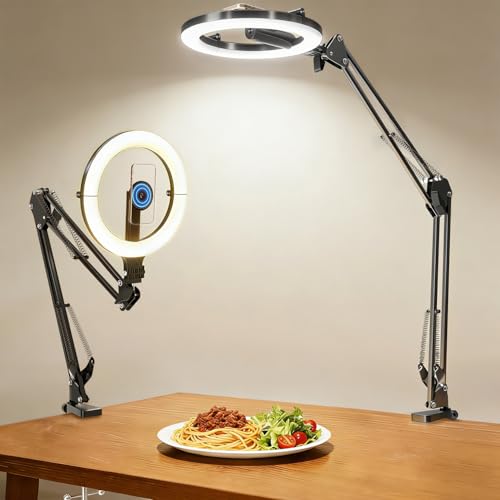 Stjiatu Magnetic Overhead Phone Mount with 10” Ring Light, 5000mAh Flexible Articulating Circle Lamp Table Tripod, iPhone Stand for Video Recording Cooking Nail, Zoom Meeting, Live Streaming Tiktok - Image 1