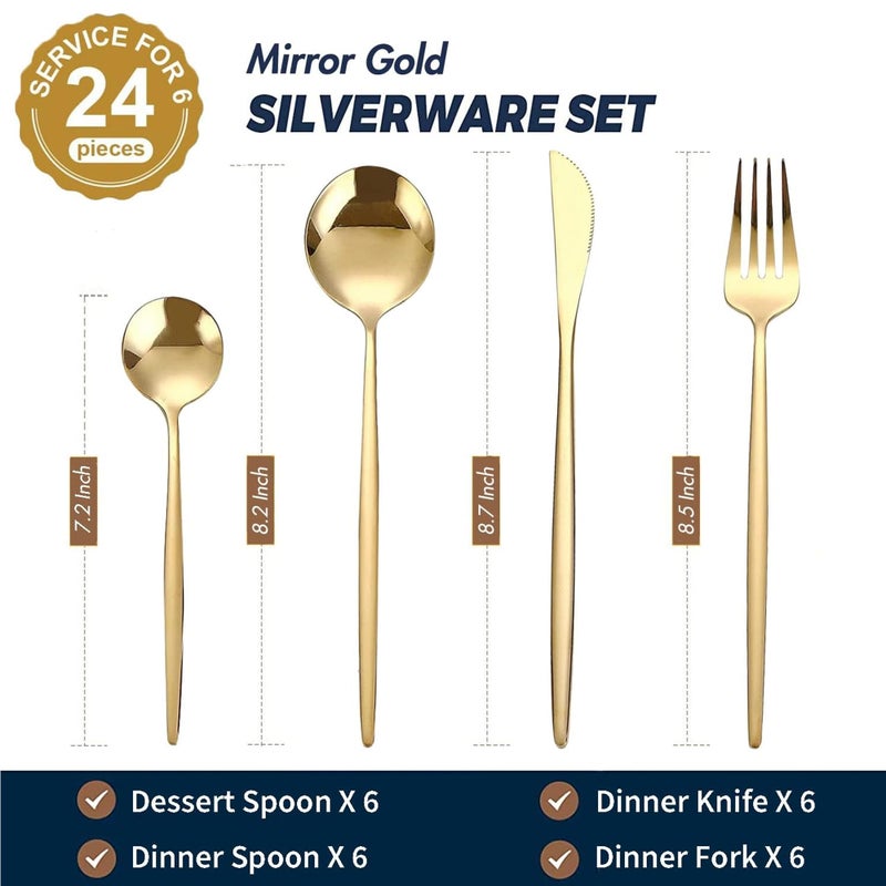 Swift 24-Piece Gold Silverware Cutlery Set | Stainless Steel Flatware for 6 | Gold Spoons and Forks | Mirror Polished Cutlery for Home, Kitchen, Restaurant, Wedding | Dishwasher Safe - Image 3