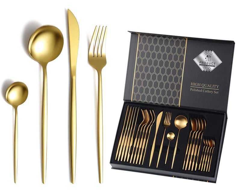 Swift 24-Piece Gold Silverware Cutlery Set | Stainless Steel Flatware for 6 | Gold Spoons and Forks | Mirror Polished Cutlery for Home, Kitchen, Restaurant, Wedding | Dishwasher Safe - Image 1