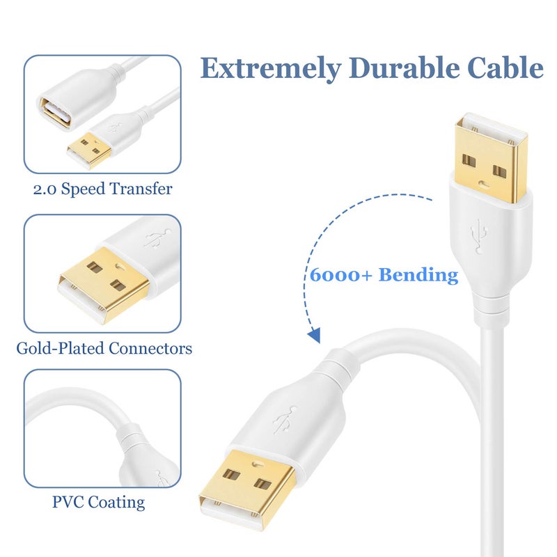 كابل تمديد USB، 16 قدم/5 متر USB 2.0 من النوع A ذكر إلى أنثى كابل تمديد USB مع موصلات مطلية بالذهب لمحرك الأقراص الصلبة، واي فاي، لوحة المفاتيح، الفأرة، الطابعة - أبيض - Image 4