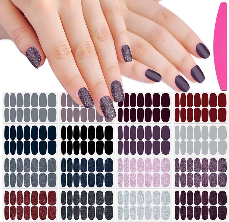 SILPECWEE 16 Sheets Nail Polish Stickers Full Nail Wraps Solid Color Self Adhesive Nail Polish Strips Gel Nail Stickers for Women Fingernail Manicure Sticker Nails for Women with 1pc Nail File