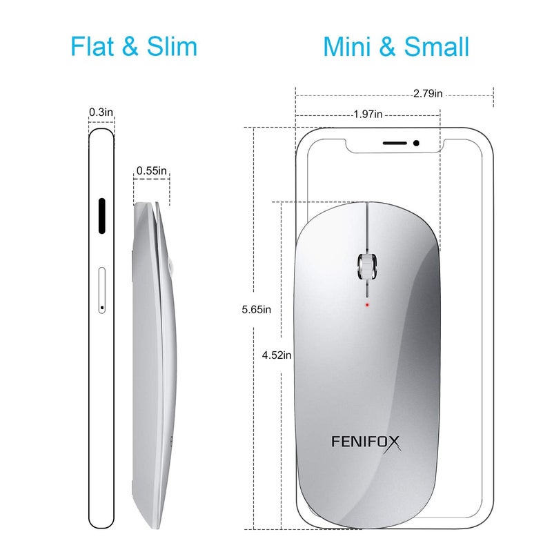 FENIFOX Wireless Bluetooth Mouse, Ultra-Thin Flat and Slim Silent USB-C Rechargeable Travel Mini Portable Mouse for Mac iPad Laptop MacBook Tablet Chromebook - White and Silver - Image 3