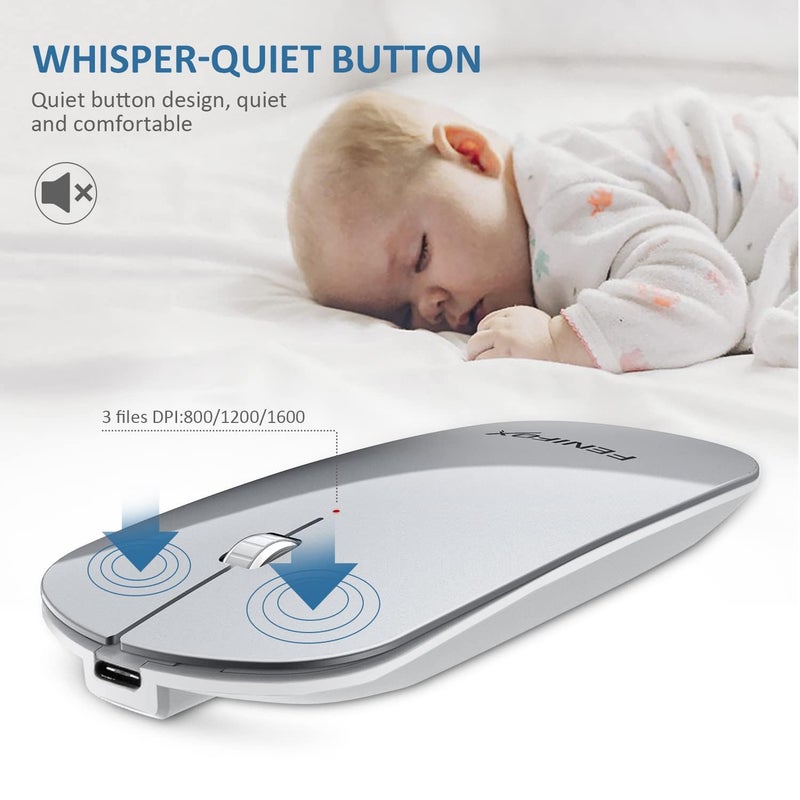 FENIFOX Wireless Bluetooth Mouse, Ultra-Thin Flat and Slim Silent USB-C Rechargeable Travel Mini Portable Mouse for Mac iPad Laptop MacBook Tablet Chromebook - White and Silver - Image 5