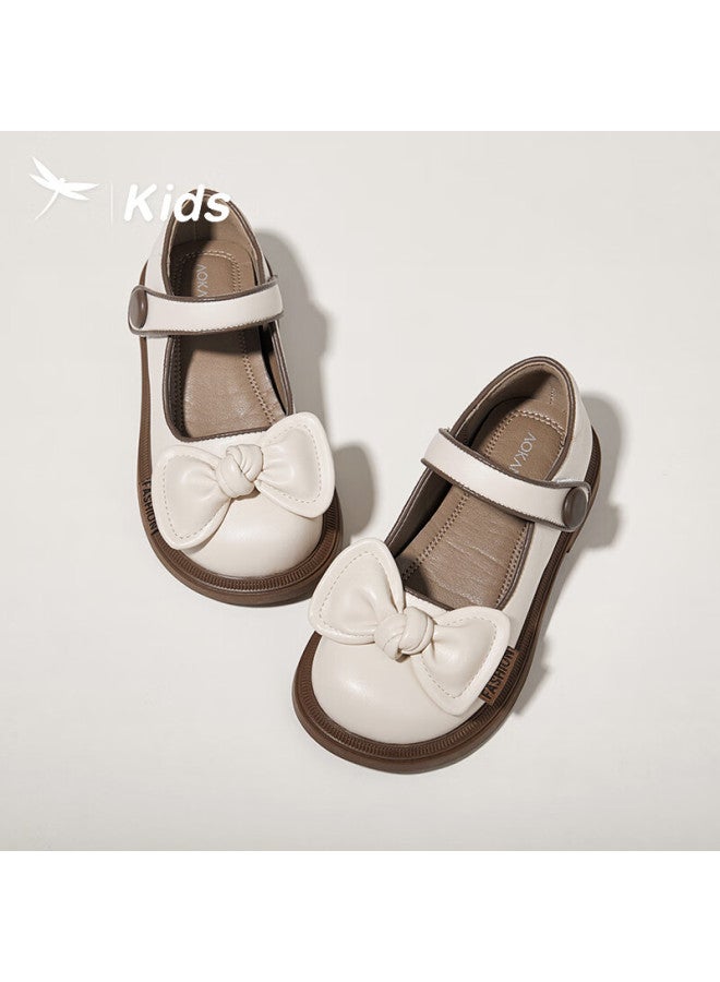 RED DRAGONFLY Hongqingting Children's Spring And Autumn New Style Shoes, Girls' Fashionable Versatile Bow-tie Mid-to Kids' Shallow Mouth Flats, Beige, Size 33 - Image 1