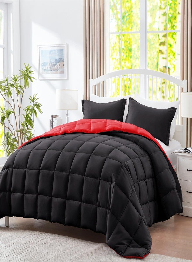 SunStyle Home طقم لحاف كوين من صن ستايل هوم - 3 قطع، لحاف قابل للعكس بخياطة مربعة، مقاس كوين، أطقم مفروشات خفيفة الوزن مع لحاف بديل للريش و2 غطاء وسادة مناسب لجميع الفصول، أحمر وأسود - Image 1