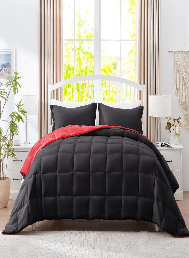 SunStyle Home طقم لحاف كوين من صن ستايل هوم - 3 قطع، لحاف قابل للعكس بخياطة مربعة، مقاس كوين، أطقم مفروشات خفيفة الوزن مع لحاف بديل للريش و2 غطاء وسادة مناسب لجميع الفصول، أحمر وأسود - Image 2