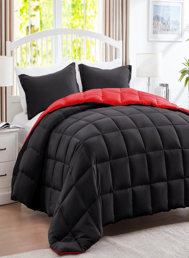 SunStyle Home طقم لحاف كوين من صن ستايل هوم - 3 قطع، لحاف قابل للعكس بخياطة مربعة، مقاس كوين، أطقم مفروشات خفيفة الوزن مع لحاف بديل للريش و2 غطاء وسادة مناسب لجميع الفصول، أحمر وأسود - Image 3
