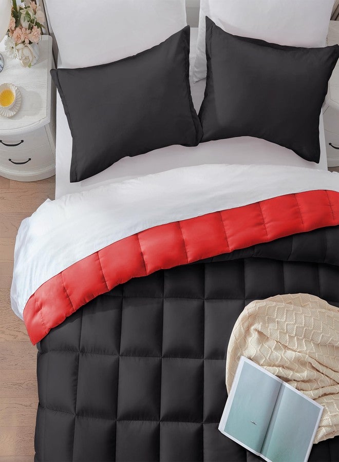 SunStyle Home طقم لحاف كوين من صن ستايل هوم - 3 قطع، لحاف قابل للعكس بخياطة مربعة، مقاس كوين، أطقم مفروشات خفيفة الوزن مع لحاف بديل للريش و2 غطاء وسادة مناسب لجميع الفصول، أحمر وأسود - Image 4