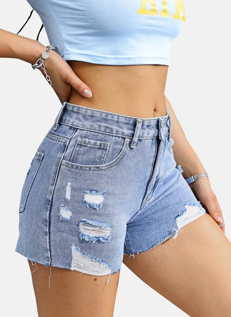 يونيكي Blue Slim Fit Solid Denim Shorts