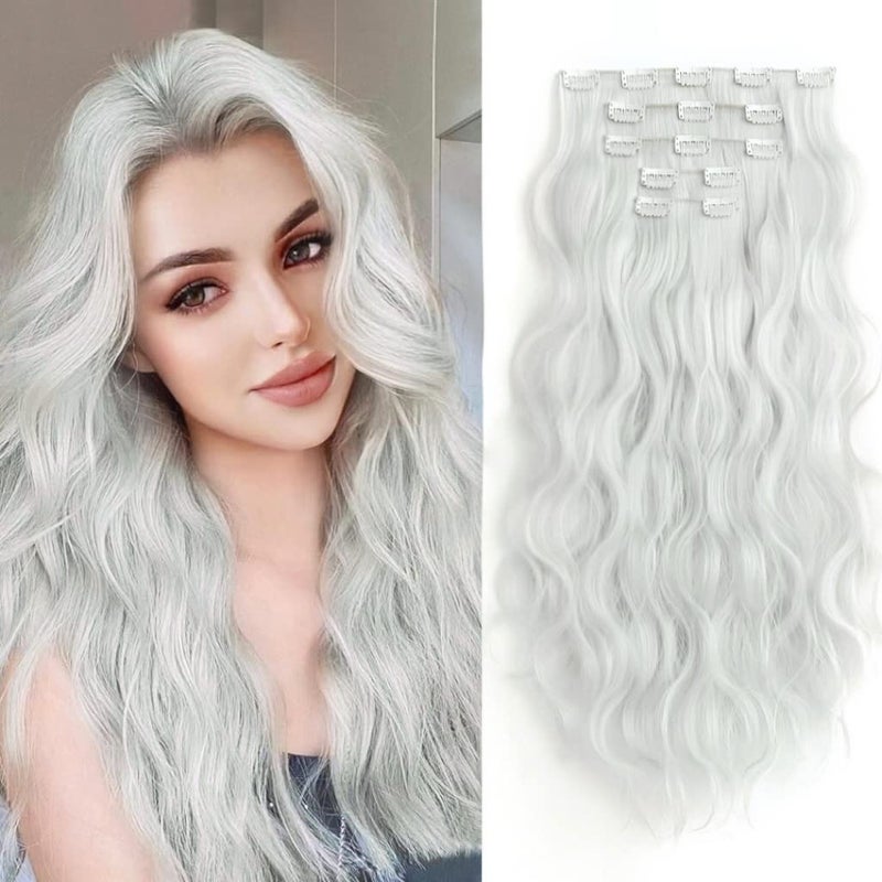 White Hair extensions Clip ins Wavy 18" Long Synthetic Thick Clips in Hairpieces for Women 5PCS Not Easily Knotted Natural Invisible Extension for Weddings Party Daily Use Full Head 5 Oz