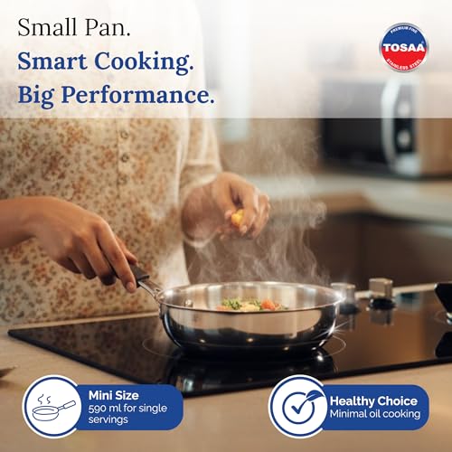 TOSAA TRIPLY MINI Fry PAN- 3-Ply Stainless Steel | Small Non-Stick Frying Pan | Induction & Gas Compatible,Mini Triply Fry Pan for Everyday Cooking | Non-Reactive Steel,Use for TADKA | 430 ml - Image 3