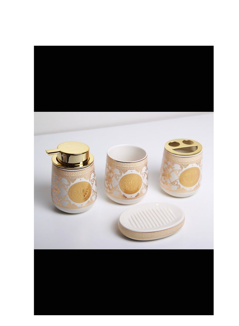 طقم اكسسوارات حمام سيراميك بخطوط ذهبية وألوان جذابة، لاستخدام آمن ونظيف. - Image 3