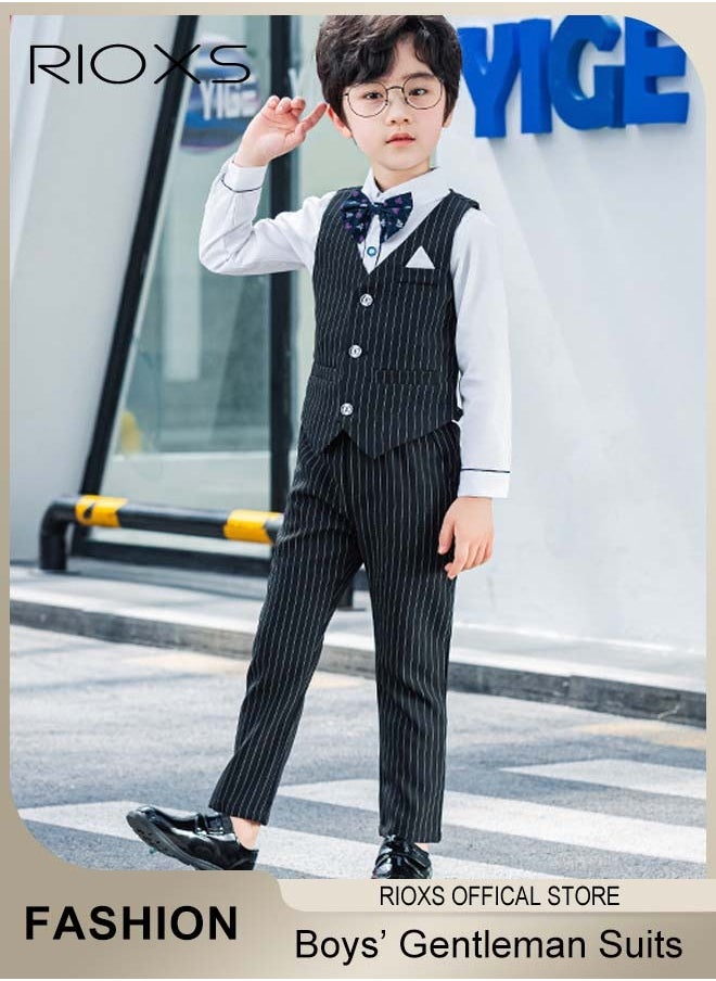 RIOXS - Boys 5 Pcs Blazers Suits, Formal Gentleman Suits Set For Kids Boys, Slim Fit Suit Ceremony Clothing Set With Shirt/ Bowtie/ Vertical Stripes Vest/ Pants And Belt,  For Party Wedding Performance And Formal Occasions - Image 1