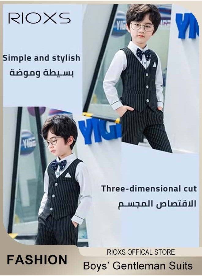 RIOXS - Boys 5 Pcs Blazers Suits, Formal Gentleman Suits Set For Kids Boys, Slim Fit Suit Ceremony Clothing Set With Shirt/ Bowtie/ Vertical Stripes Vest/ Pants And Belt,  For Party Wedding Performance And Formal Occasions - Image 1