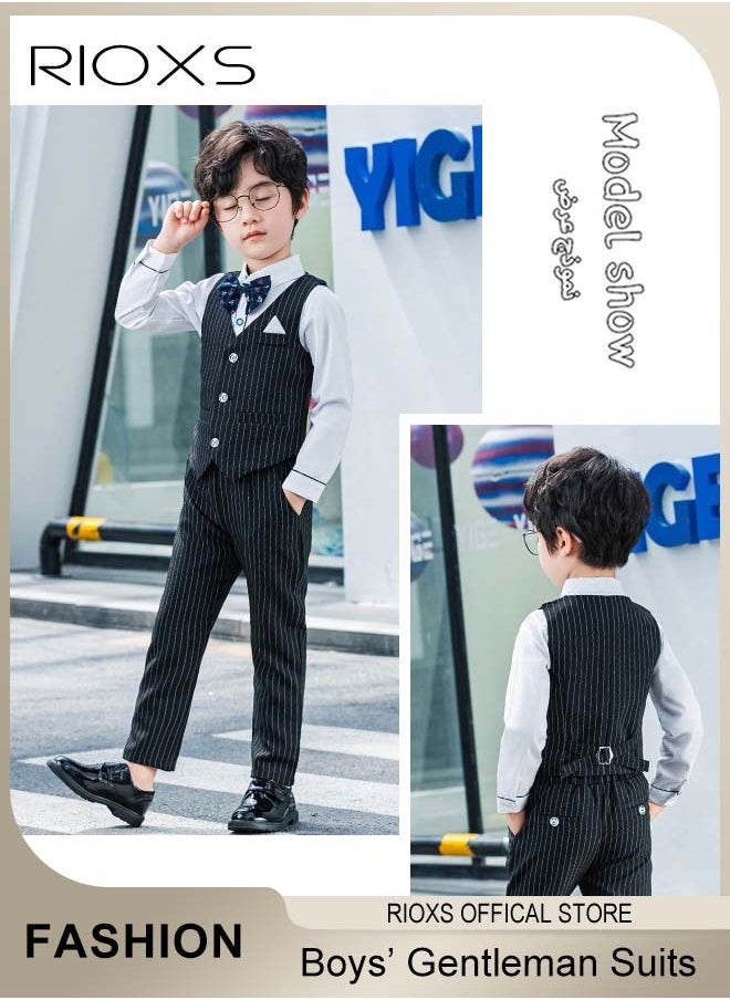 RIOXS - Boys 5 Pcs Blazers Suits, Formal Gentleman Suits Set For Kids Boys, Slim Fit Suit Ceremony Clothing Set With Shirt/ Bowtie/ Vertical Stripes Vest/ Pants And Belt,  For Party Wedding Performance And Formal Occasions - Image 1