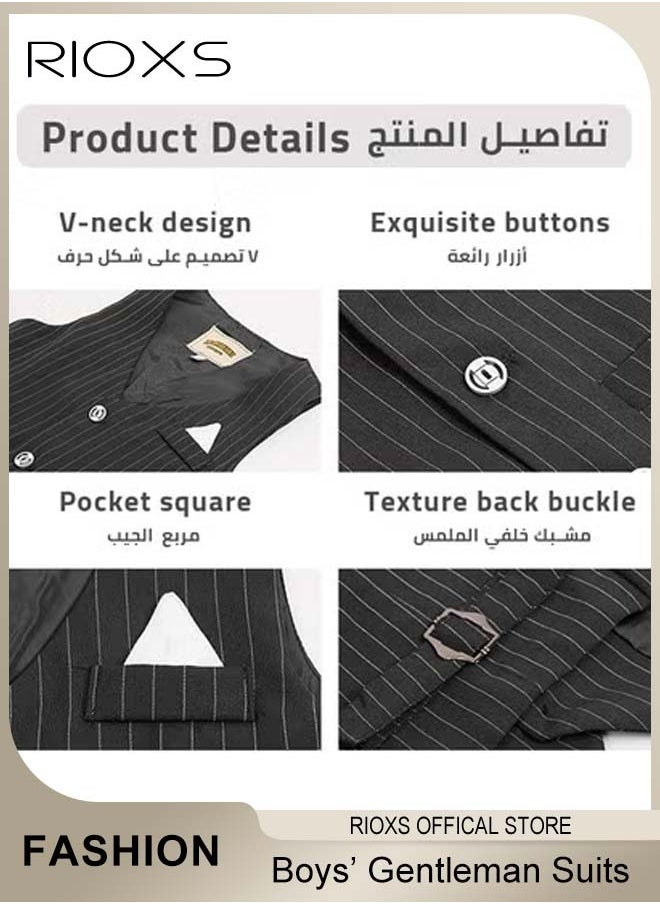 RIOXS - Boys 5 Pcs Blazers Suits, Formal Gentleman Suits Set For Kids Boys, Slim Fit Suit Ceremony Clothing Set With Shirt/ Bowtie/ Vertical Stripes Vest/ Pants And Belt,  For Party Wedding Performance And Formal Occasions - Image 1