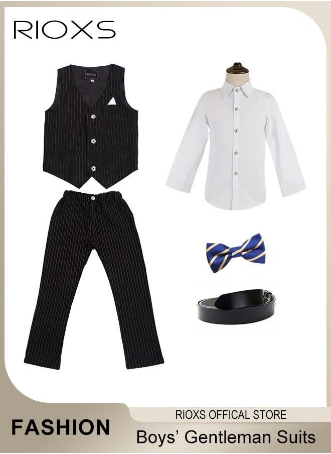 RIOXS - Boys 5 Pcs Blazers Suits, Formal Gentleman Suits Set For Kids Boys, Slim Fit Suit Ceremony Clothing Set With Shirt/ Bowtie/ Vertical Stripes Vest/ Pants And Belt,  For Party Wedding Performance And Formal Occasions - Image 1