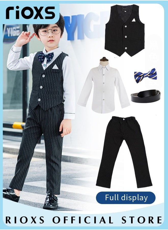RIOXS - Boys 5 Pcs Blazers Suits, Formal Gentleman Suits Set For Kids Boys, Slim Fit Suit Ceremony Clothing Set With Shirt/ Bowtie/ Vertical Stripes Vest/ Pants And Belt,  For Party Wedding Performance And Formal Occasions - Image 1