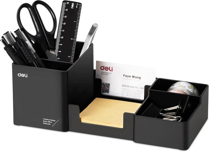 Deli Desk Organizer, Plastic Desktop Organizer With Pencil Holder And Sticky Note Tray, Office Stationery Supplies Organizers Accessories Caddy, 6 Compartments, Black - Image 1