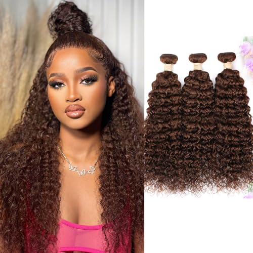 ALLRUN Brown Curly Bundles Human Hair 3 Pcs Brazilian Virgin Unprocessed Curly Hair Extensions Chocolate Brown Curly Bundles18 20 22 Inch Color 4 - Image 1