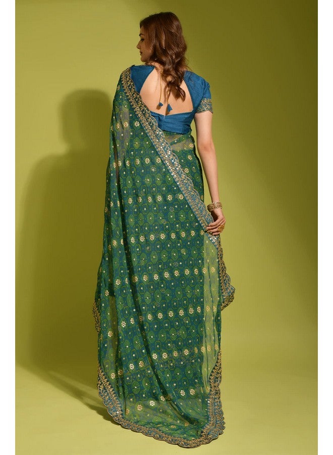 Dwiza Enterprise Dwiza Enterprise Women's Smooth Georgette Chiffon Embroidered Saree With Unstitched Blouse Piece | Cut Work Sequin Lace Border | Latest Fashion For Women And Girls (Petrol Blue)  - Image 5