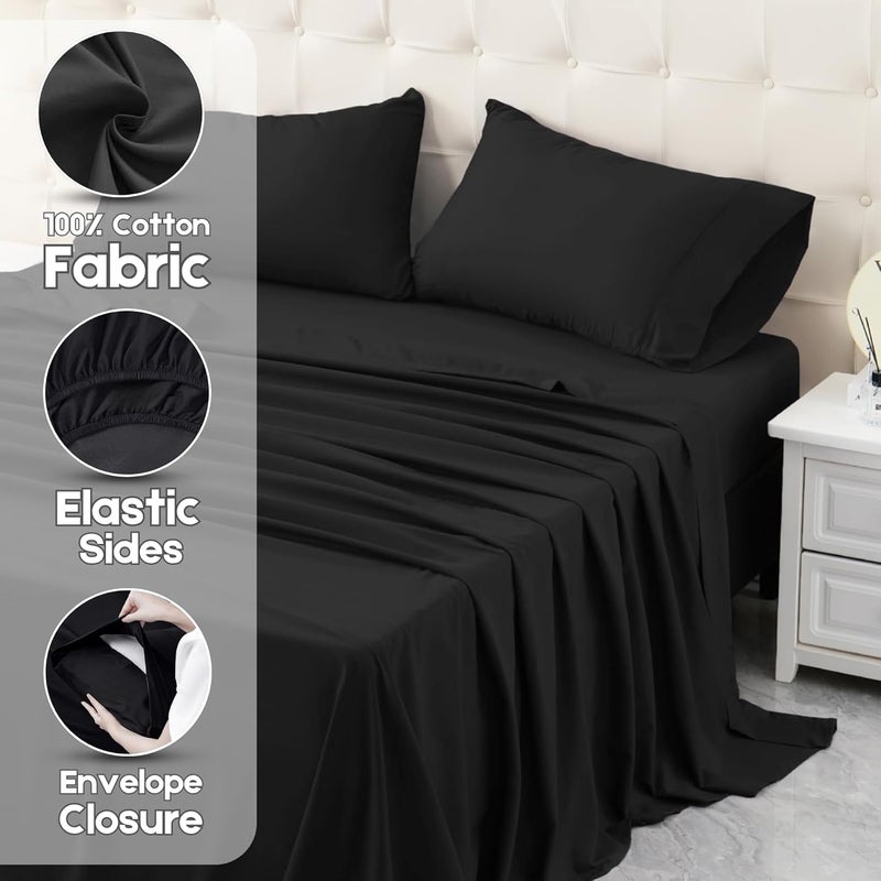 FOAM CRAFT Hotel Quality 4 Piece Bed Sheet Set - Twin Size, 100% Cotton, Black - Image 3