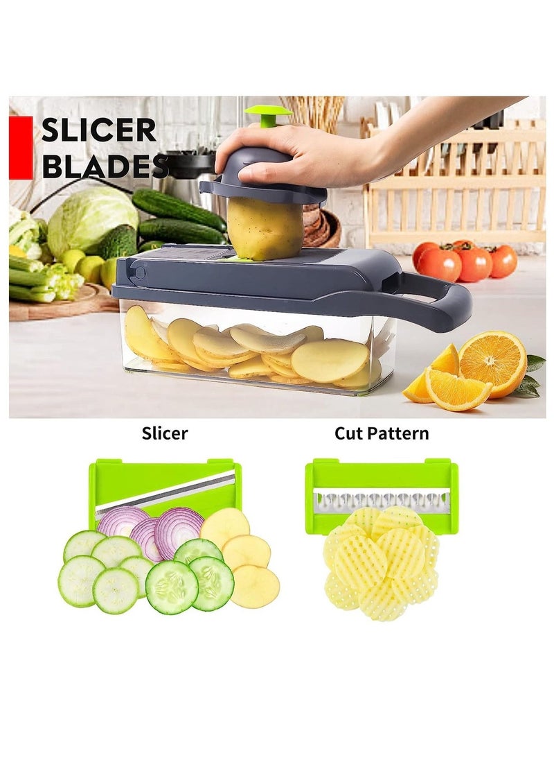 Multifunctional 13-in-1 Food Choppers Onion Chopper Vegetable Slicer Cutter Dicer Veggie chopper with 8 Blades,Colander Basket,Container for Salad Potato Carrot Garlic