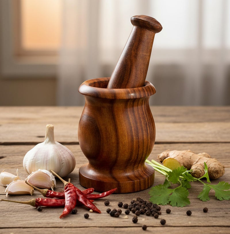 KLEO Wooden Grinder Masher for Spices & Medicine | Okhli Musal Set | Mortar Pestle Set | Imaam Dasta, Kharal, Khalbatta for Kitchen (Brown, 3.5" Inches) - Image 2
