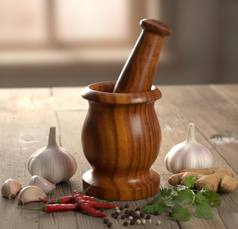 KLEO Wooden Grinder Masher for Spices & Medicine | Okhli Musal Set | Mortar Pestle Set | Imaam Dasta, Kharal, Khalbatta for Kitchen (Brown, 3.5" Inches) - Image 1