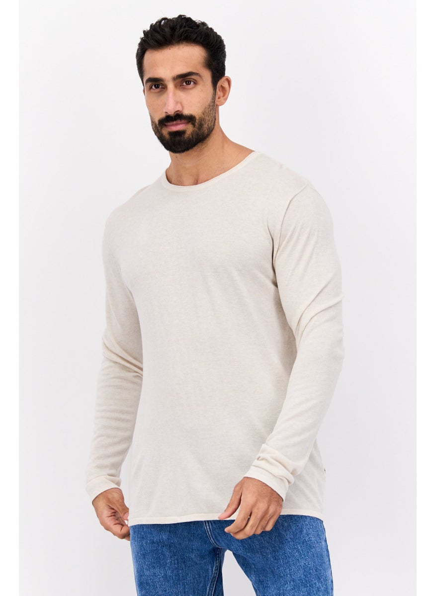 Selected Homme Men Crew Neck Long Sleeve Solid Sweatshirt, Beige  - Image 1
