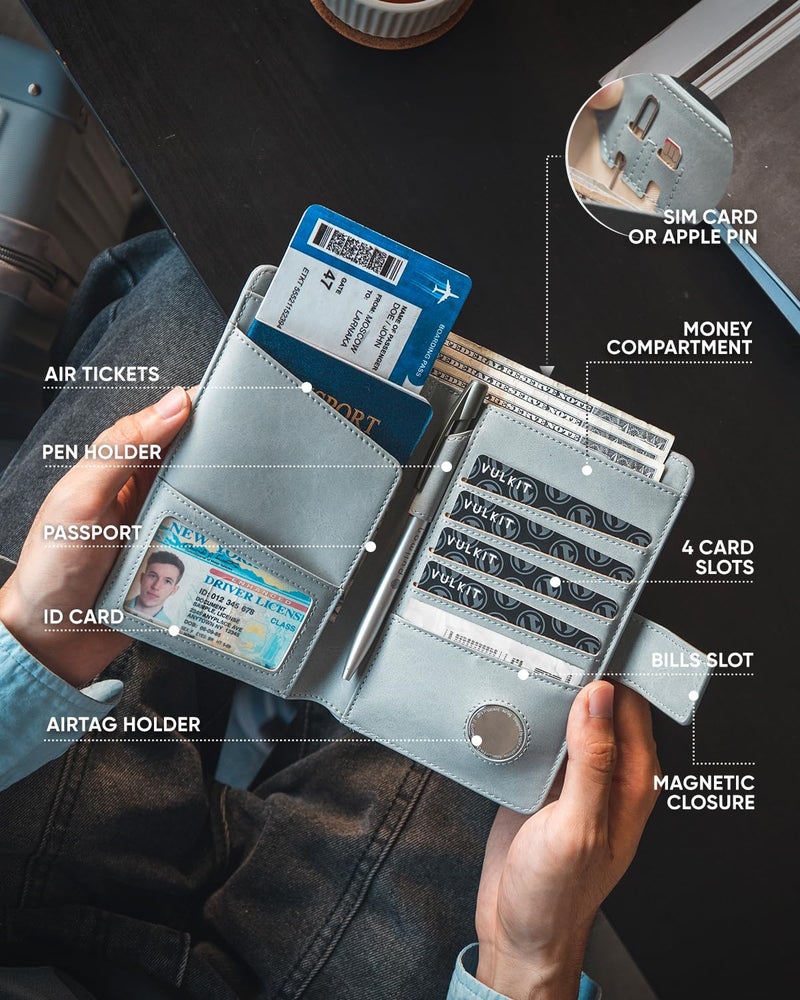 VULKIT VULKIT Passport Wallet Compatible with Airtag Holder RFID Blocking Bifold Travel Card Holder for Men or Women(Blue)  - Image 4